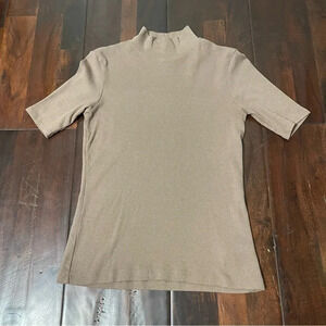 Joie Ribbed Knit Short Sleeve Mock Neck Pima Cotton Top Women’s Size Small Tan